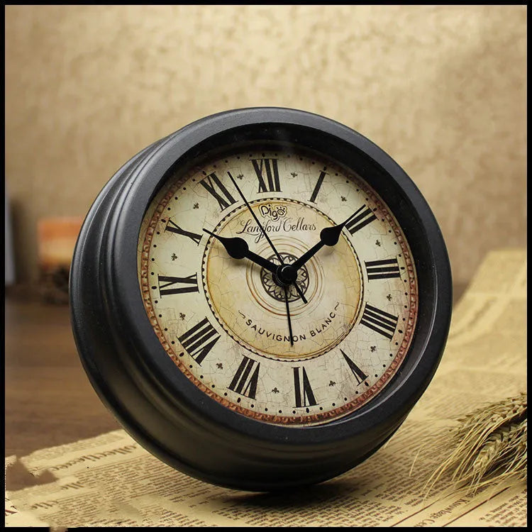 European retro style round desk alarm clock with 6 inch diameter and silent sweep movement