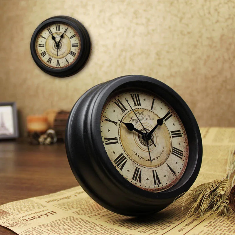 European retro style round desk alarm clock with 6 inch diameter and silent sweep movement