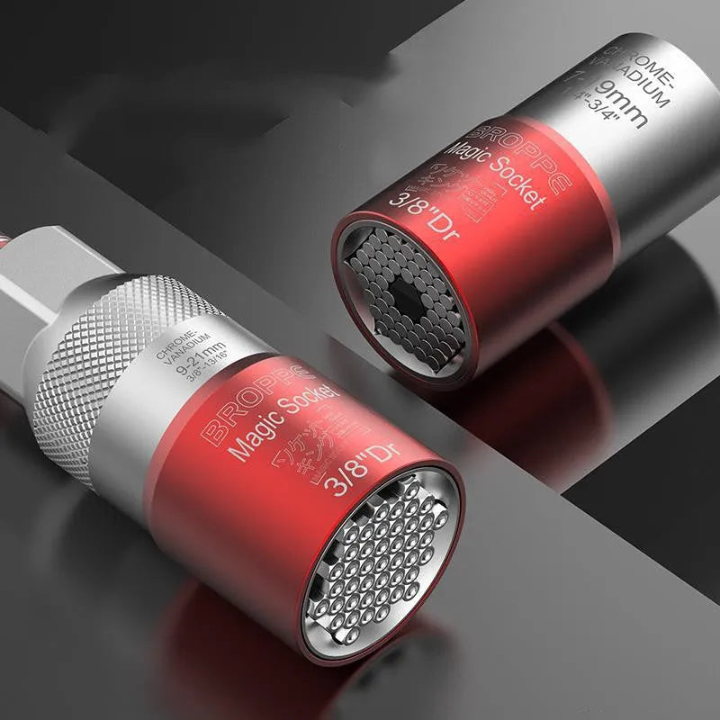 Red metric socket set with wrench, showing 7-19mm and 9-21mm universal sleeves