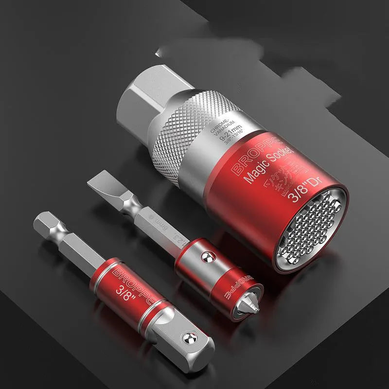 Red metric socket set with wrench, showing 7-19mm and 9-21mm universal sleeves