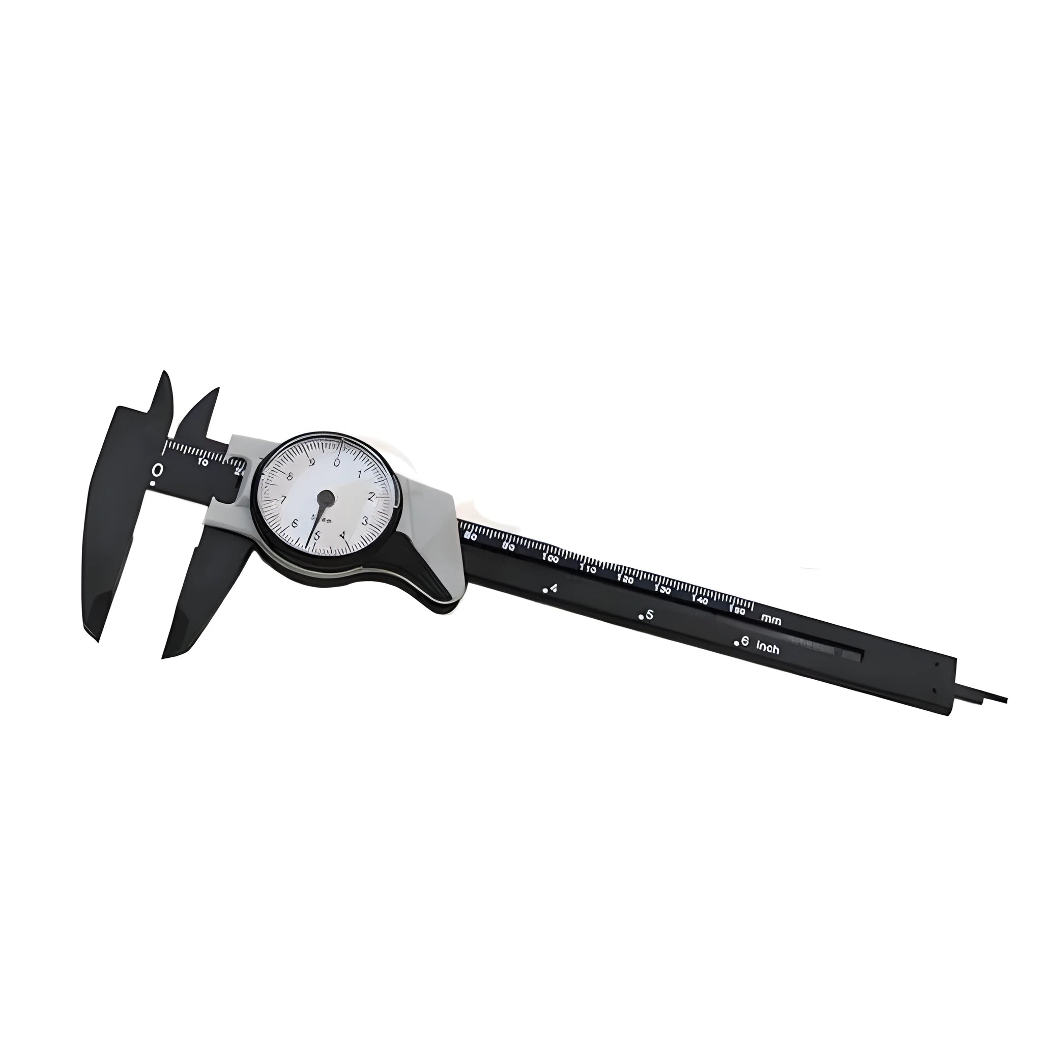 Black and white plastic vernier caliper showing 0-150mm scale with 0.1mm graduation