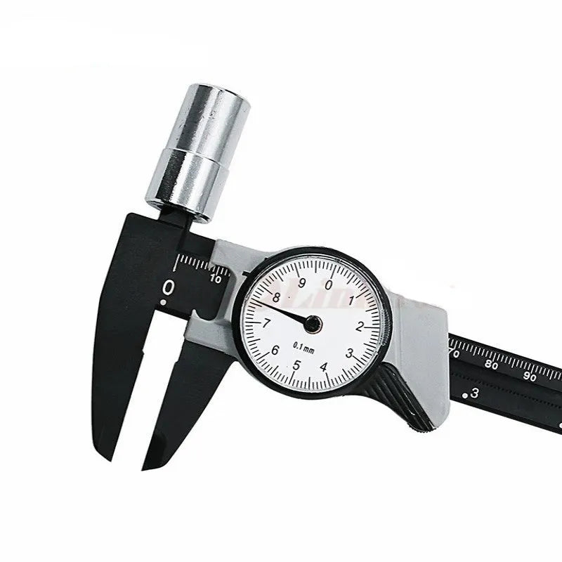 Black and white plastic vernier caliper showing 0-150mm scale with 0.1mm graduation