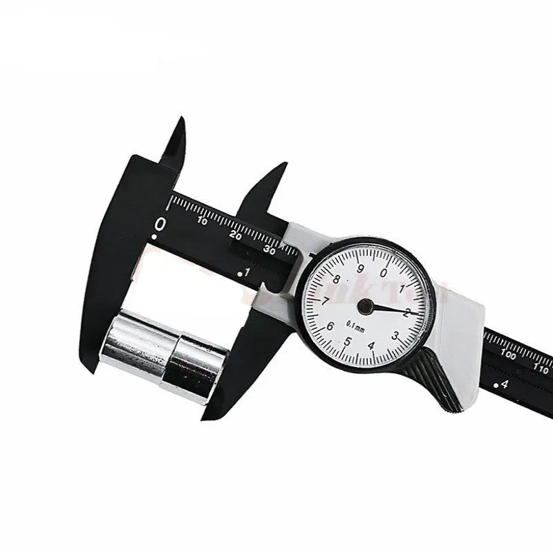 Black and white plastic vernier caliper showing 0-150mm scale with 0.1mm graduation