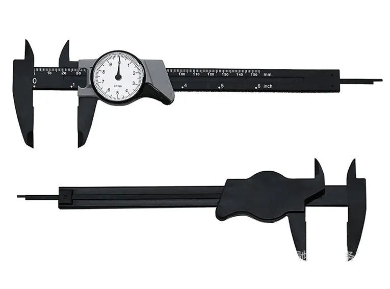 Black and white plastic vernier caliper showing 0-150mm scale with 0.1mm graduation