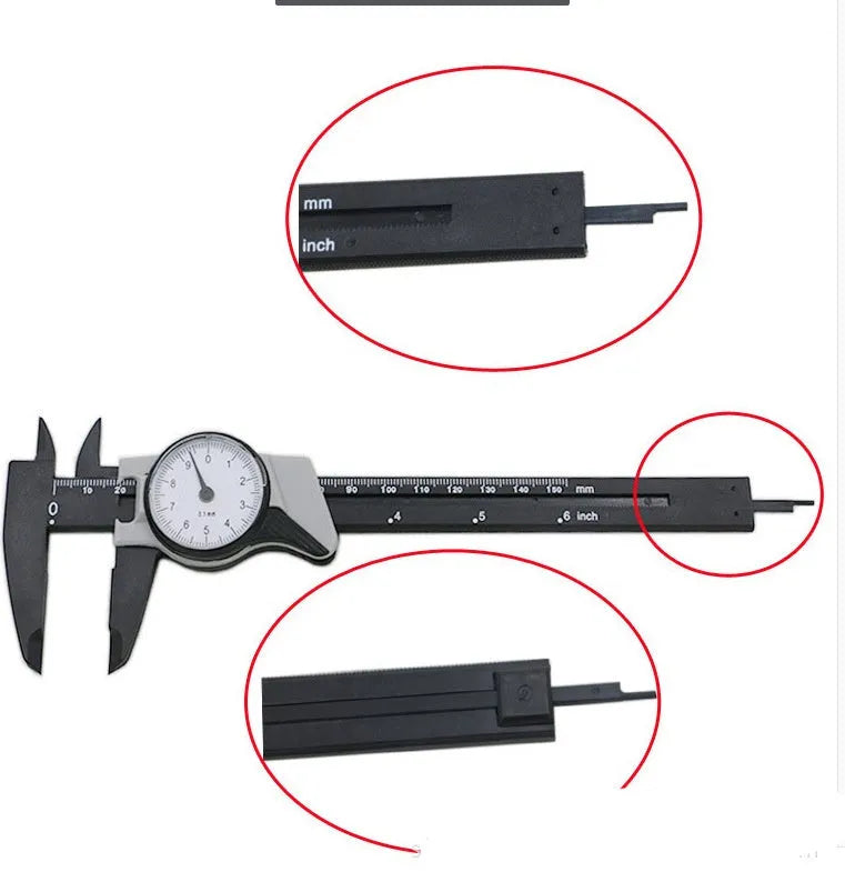 Black and white plastic vernier caliper showing 0-150mm scale with 0.1mm graduation