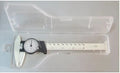 Black and white plastic vernier caliper showing 0-150mm scale with 0.1mm graduation