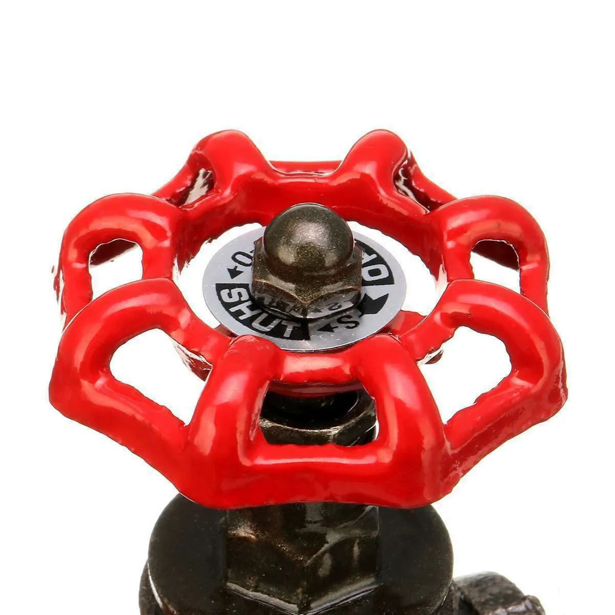 Red steampunk industrial valve with 3/4 thread and copper grey detailing as a tee connector