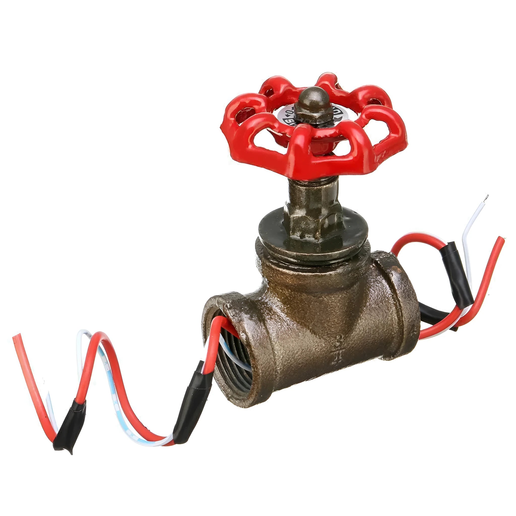 Red steampunk industrial valve with 3/4 thread and copper grey detailing as a tee connector