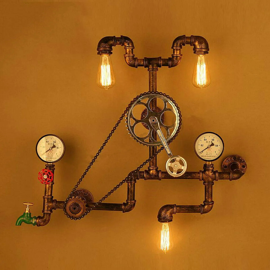 Red steampunk industrial valve with 3/4 thread and copper grey detailing as a tee connector