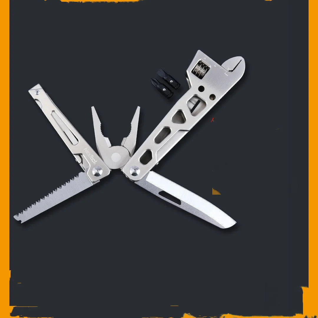 White stainless steel multi-function tool with wrench, knife, and needle nose pliers functions