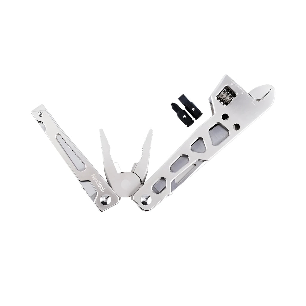 White stainless steel multi-function tool with wrench, knife, and needle nose pliers functions