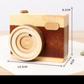 Wooden camera music box with rotating mechanism and sanding finish in carton packaging