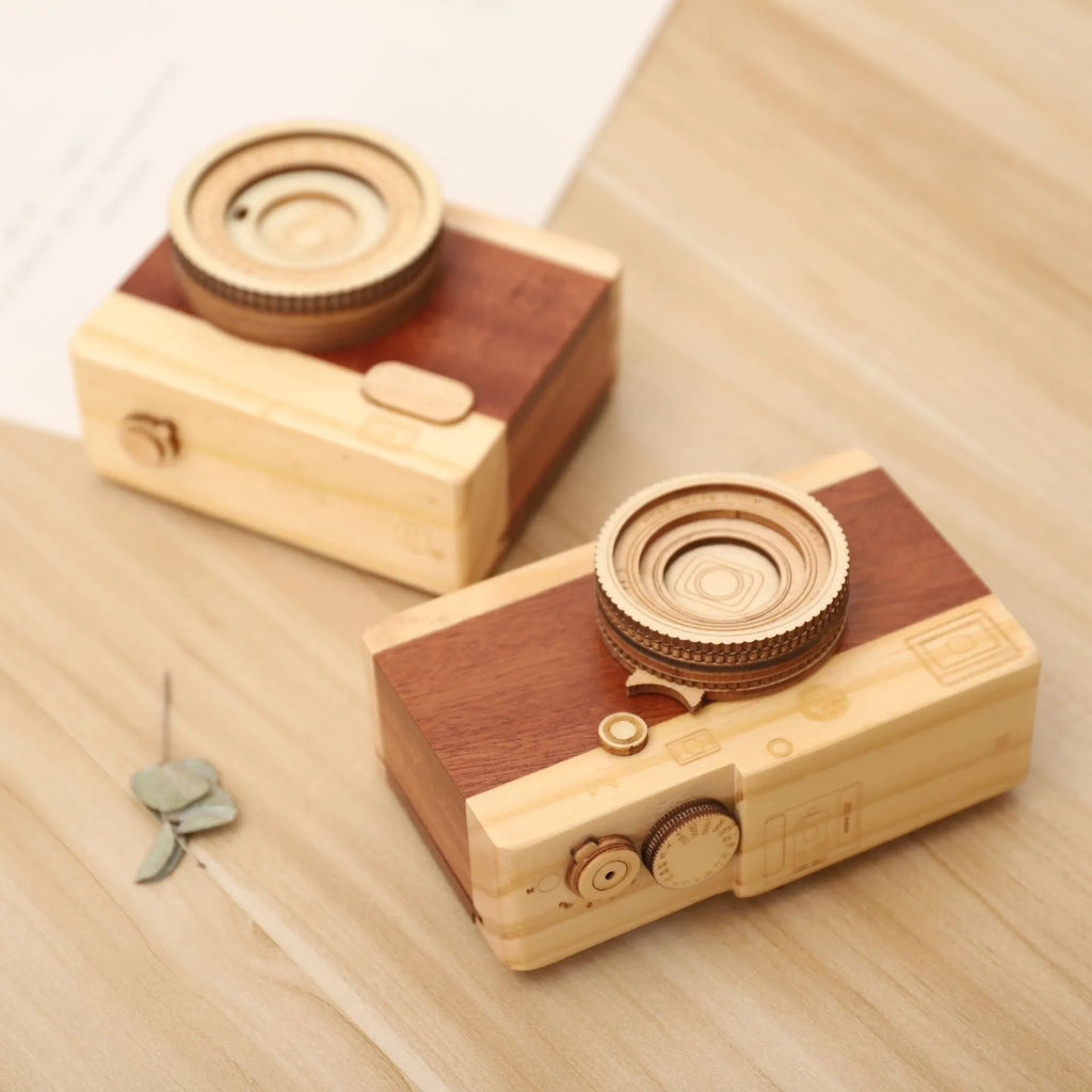 Wooden camera music box with rotating mechanism and sanding finish in carton packaging