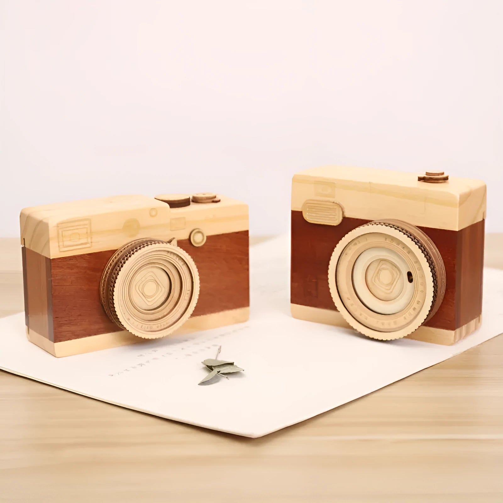 Wooden camera music box with rotating mechanism and sanding finish in carton packaging
