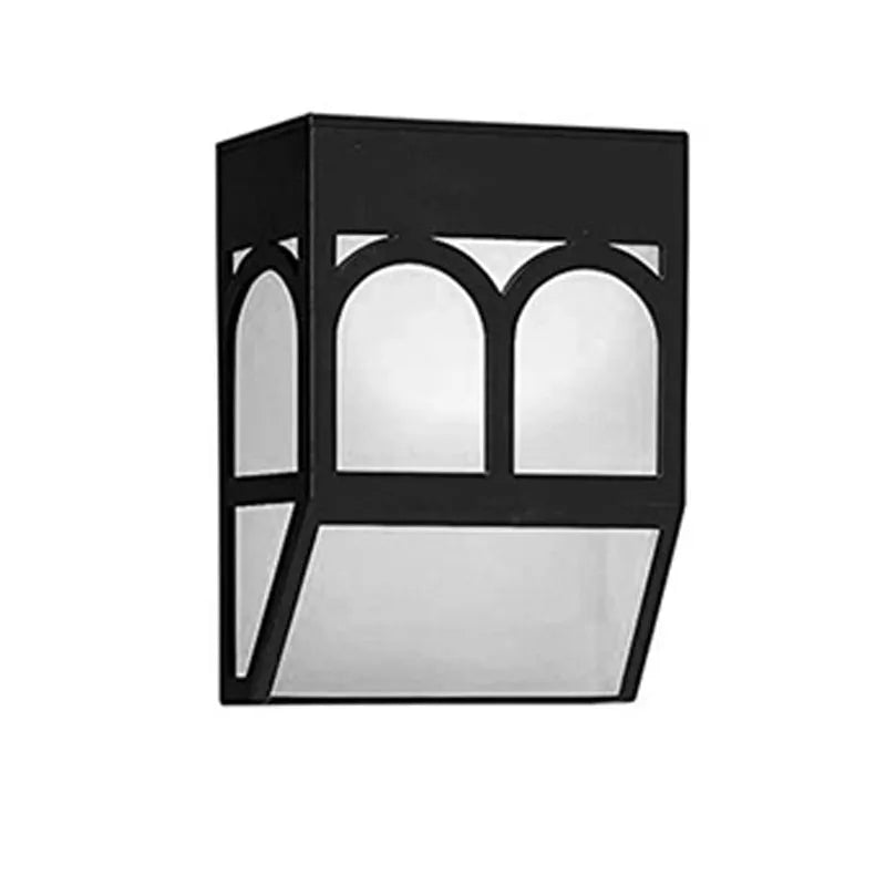 Square white solar-powered wall lamp mounted on an outdoor fence post.