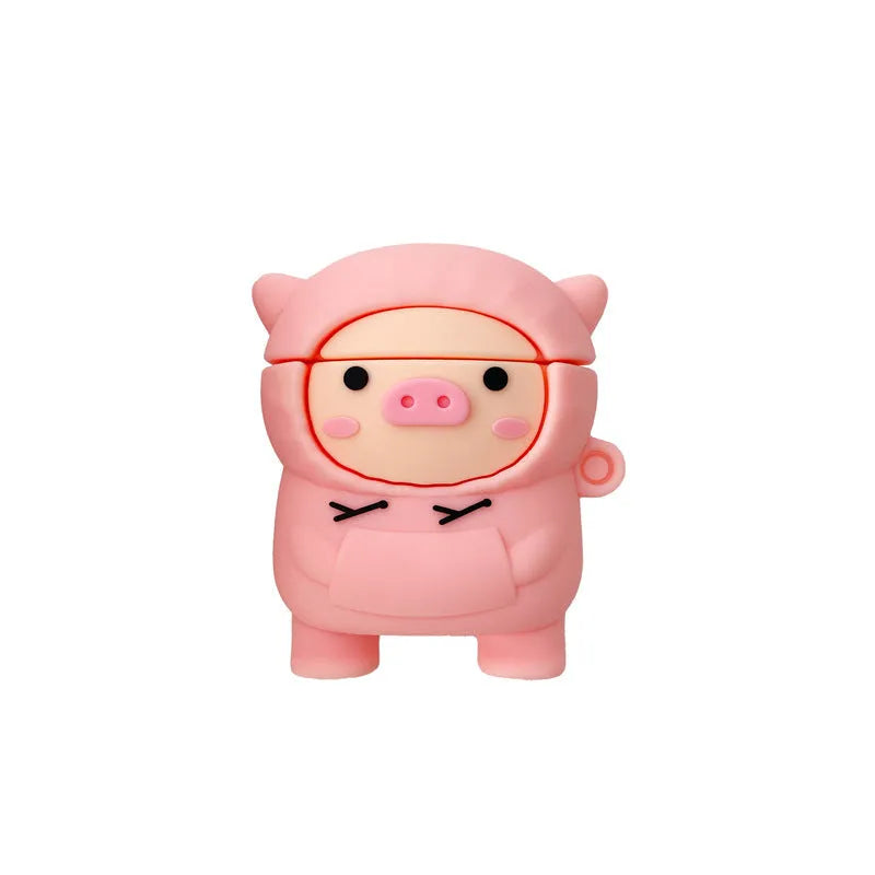 Pink silicone AirPods case with cartoon pig design and hook attachment