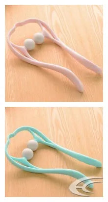 Plastic hand roller neck massager with adjustable stand and removable head in pink, blue, or green colours.