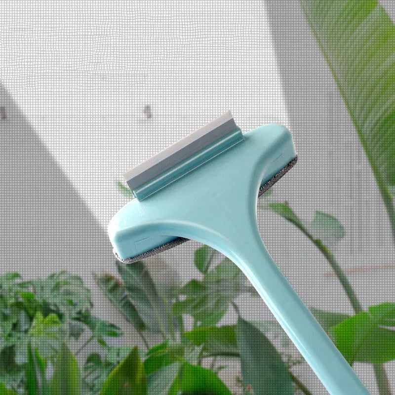 Window cleaning tool kit with extendable brush, crevice tool, and glass scraper in blue colour