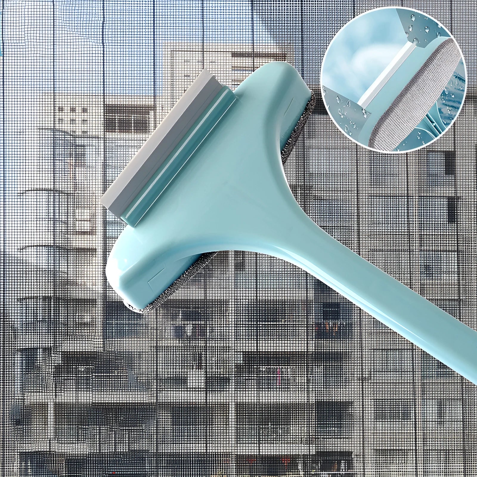 Window cleaning tool kit with extendable brush, crevice tool, and glass scraper in blue colour