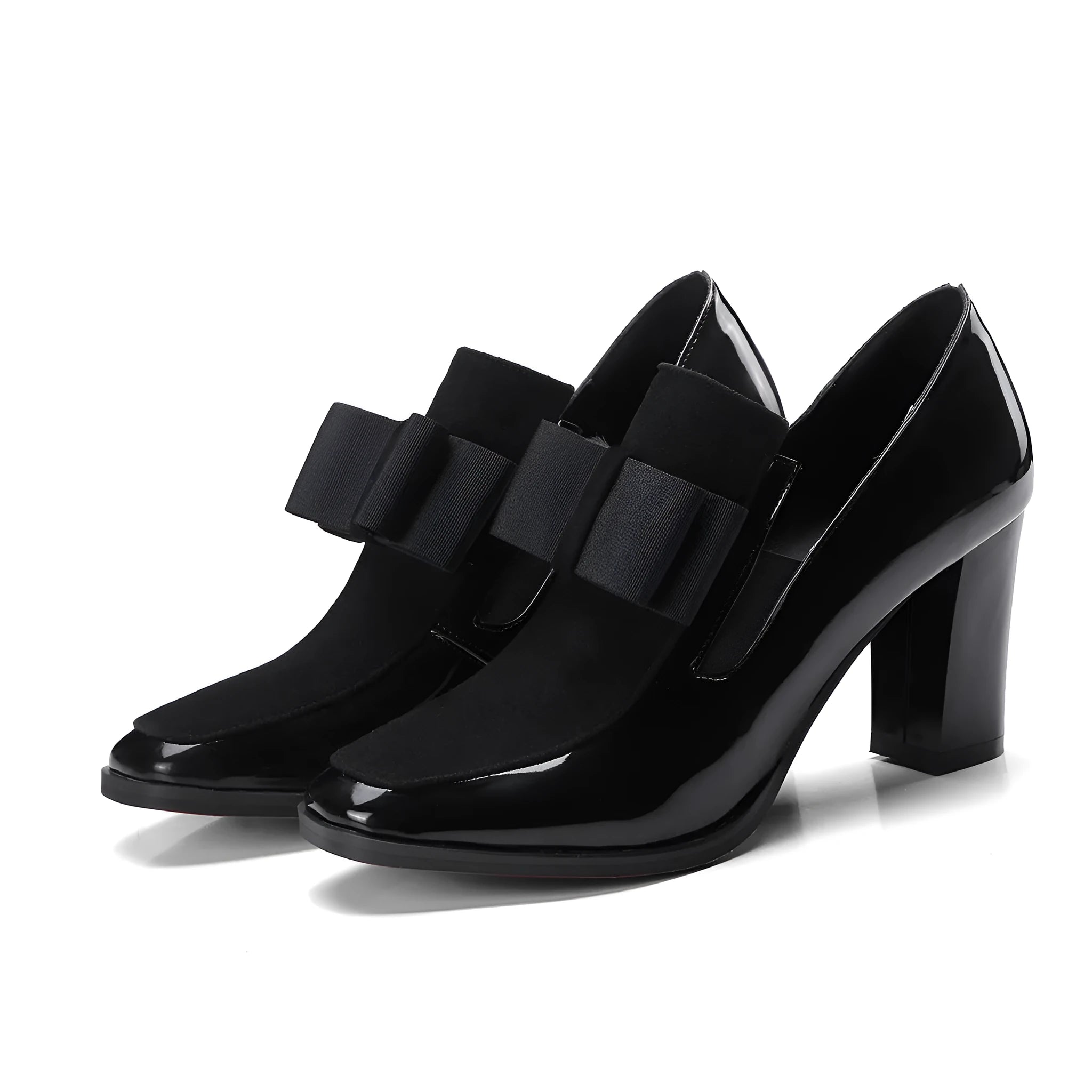 Women's patent leather high heel shoes with thick heels above 8cm and square toe design in black colour