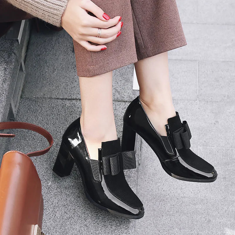Women's patent leather high heel shoes with thick heels above 8cm and square toe design in black colour