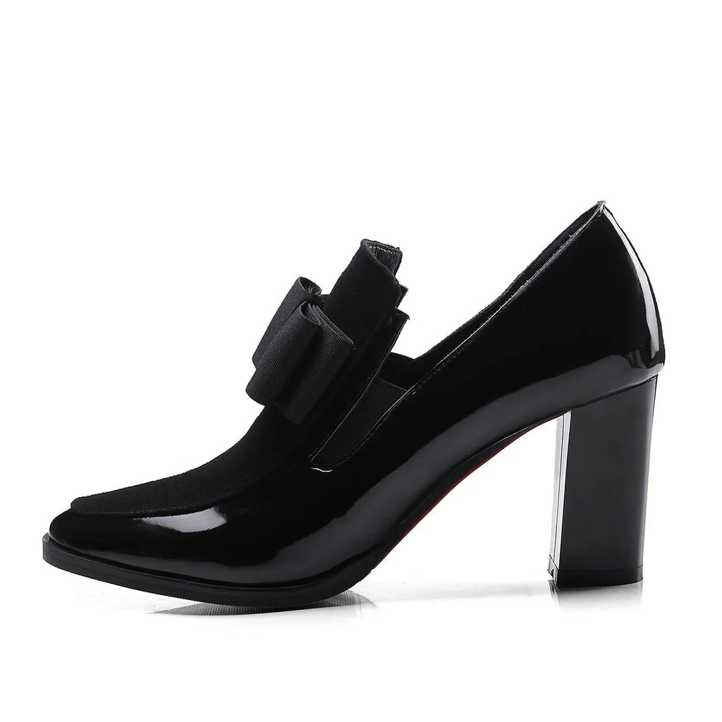 Women's patent leather high heel shoes with thick heels above 8cm and square toe design in black colour
