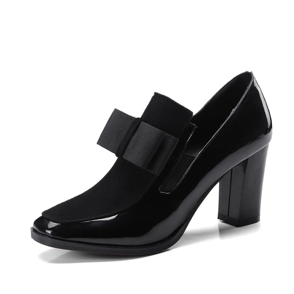 Women's patent leather high heel shoes with thick heels above 8cm and square toe design in black colour