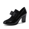 Women's patent leather high heel shoes with thick heels above 8cm and square toe design in black colour
