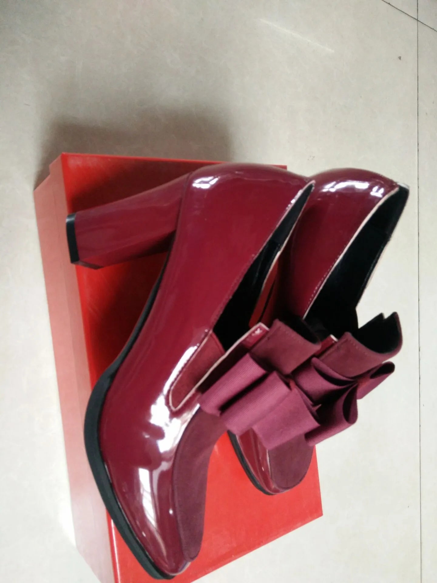 Women's patent leather high heel shoes with thick heels above 8cm and square toe design in black colour