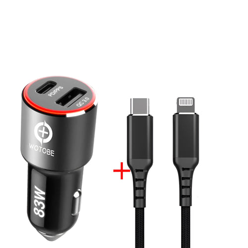 83W dual USB car fast charger with USB-C PPS/PD and QC3.0 ports for iPhone and laptop charging