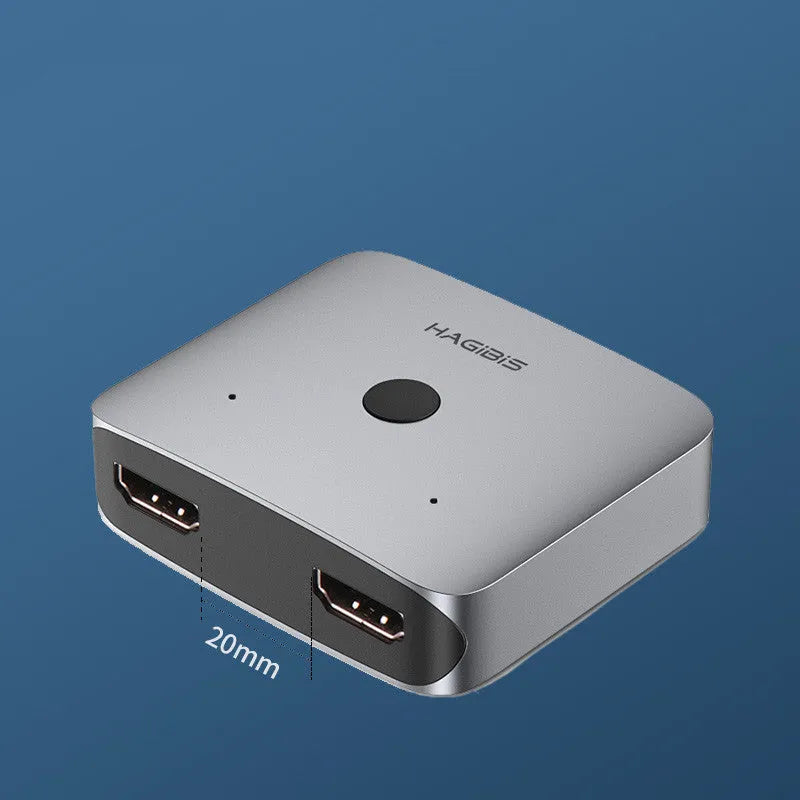 Grey HDMI switcher with two input ports and one output port for computer TV monitor connectivity