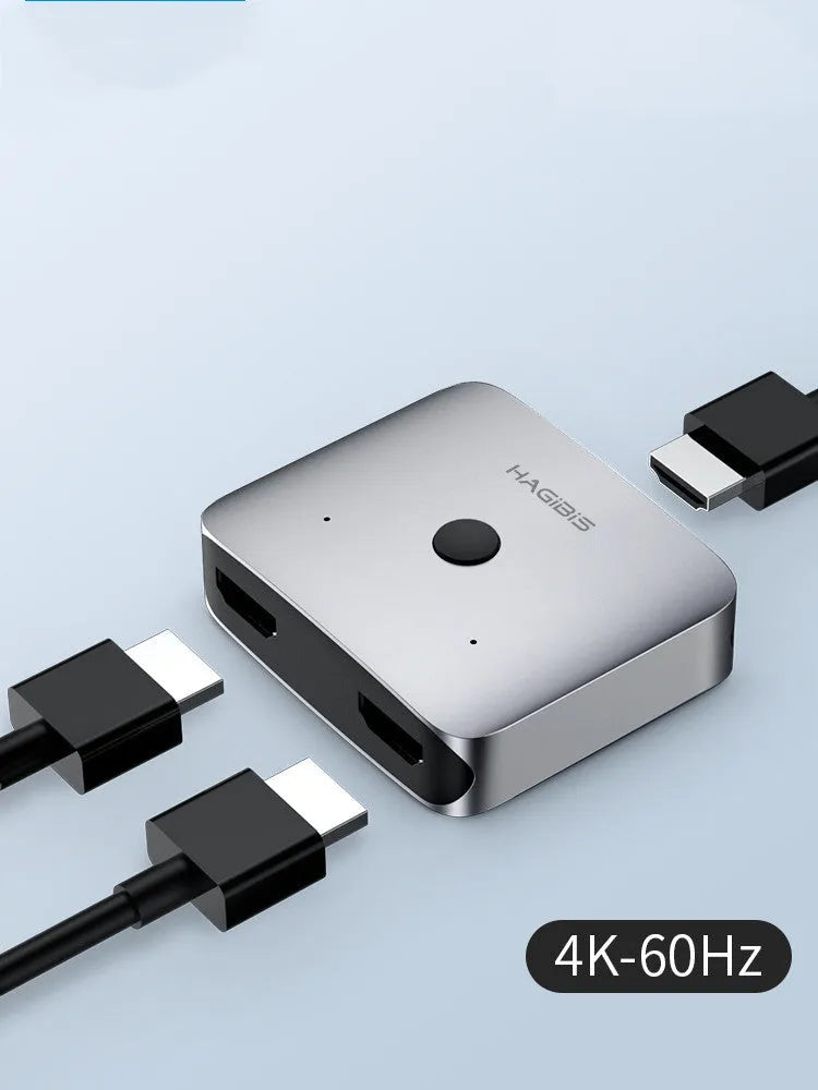 Grey HDMI switcher with two input ports and one output port for computer TV monitor connectivity