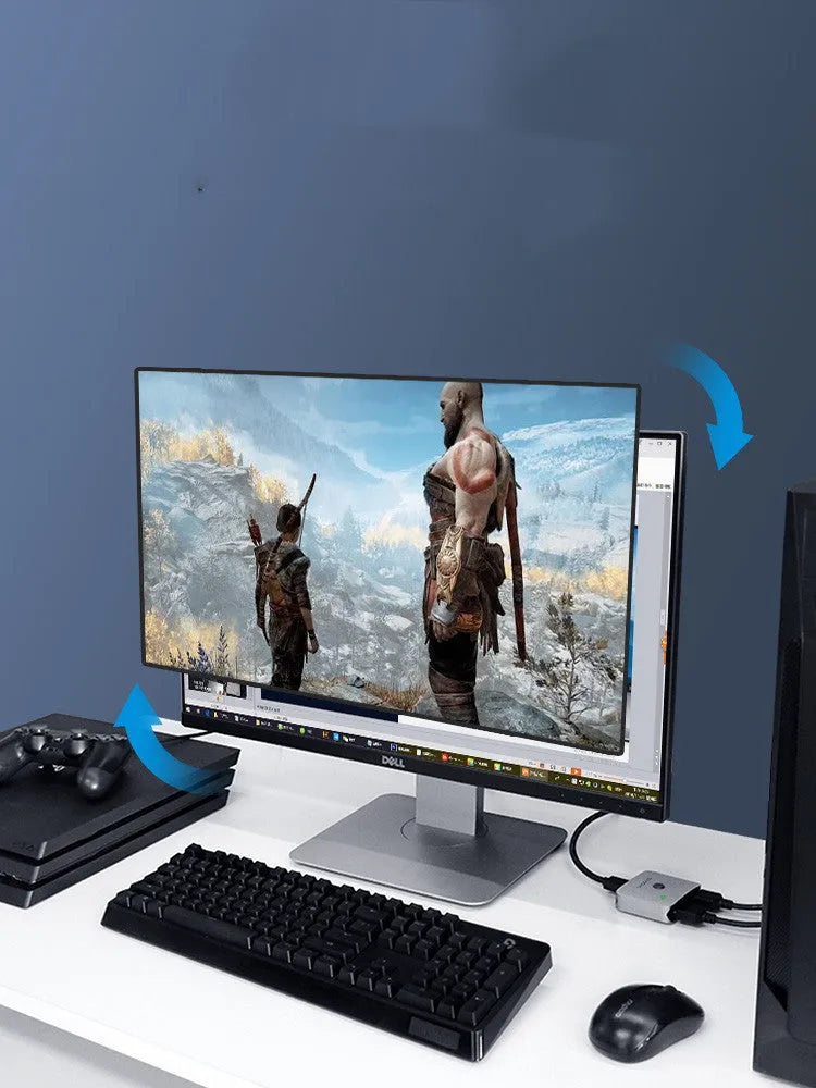 Grey HDMI switcher with two input ports and one output port for computer TV monitor connectivity