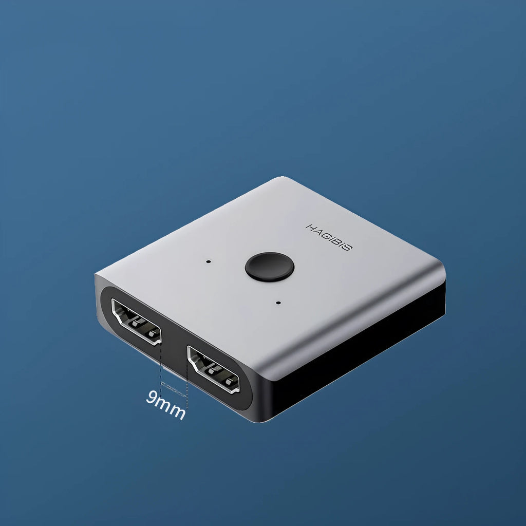 Grey HDMI switcher with two input ports and one output port for computer TV monitor connectivity