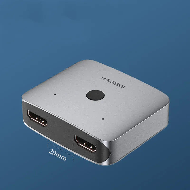 Grey HDMI switcher with two input ports and one output port for computer TV monitor connectivity