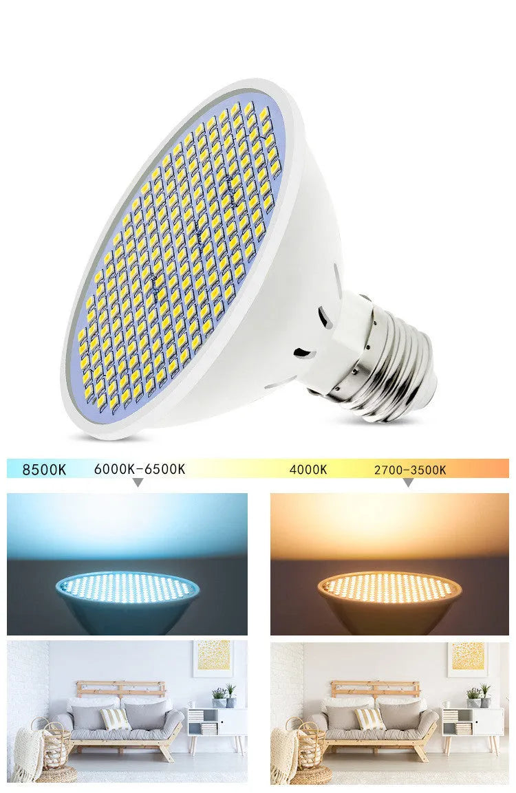 E27 LED lamp cup energy-saving bulb with PC body, available in warm white and cool white.