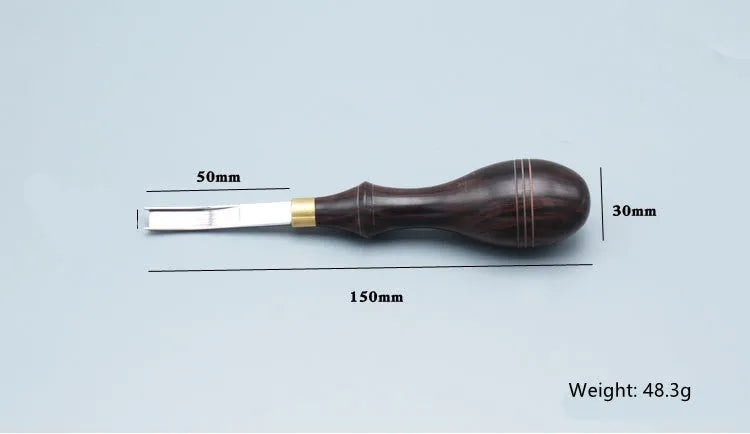 Barber thinning knife with wide shovel edge and leather handle for sectional cutting