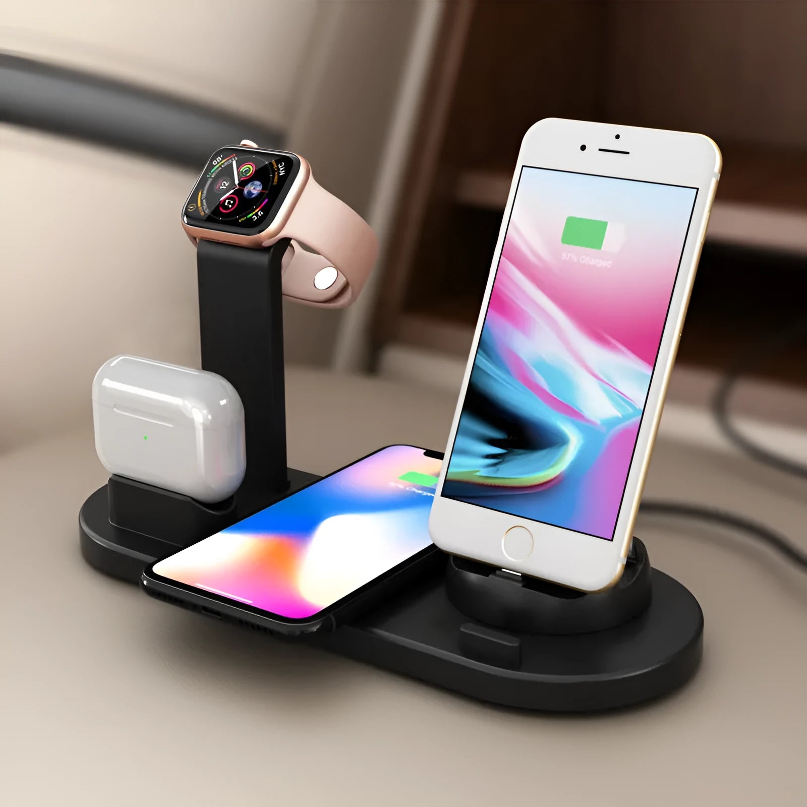 Three-in-one wireless charging bracket for Apple Watch, AirPods and iPhone in black or white