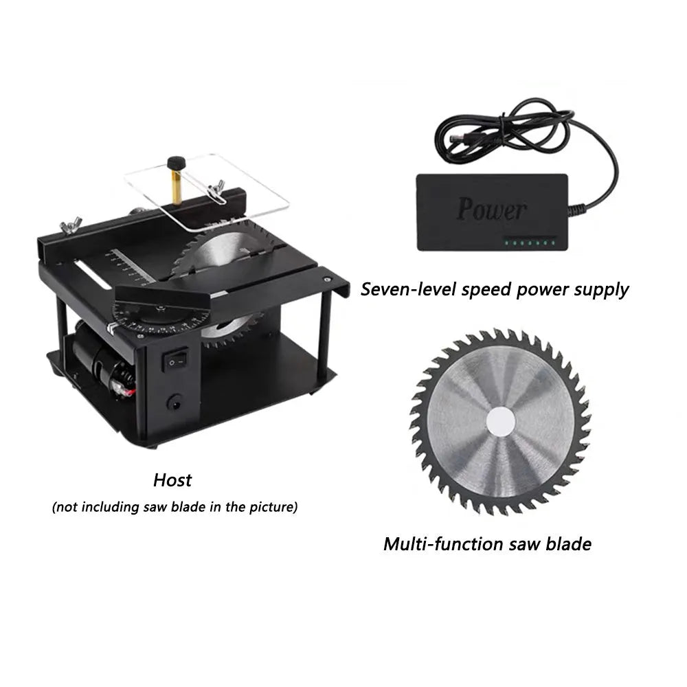 Black miniature precision table saw with 110mm blade showing 40mm cutting depth capacity