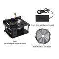 Black miniature precision table saw with 110mm blade showing 40mm cutting depth capacity