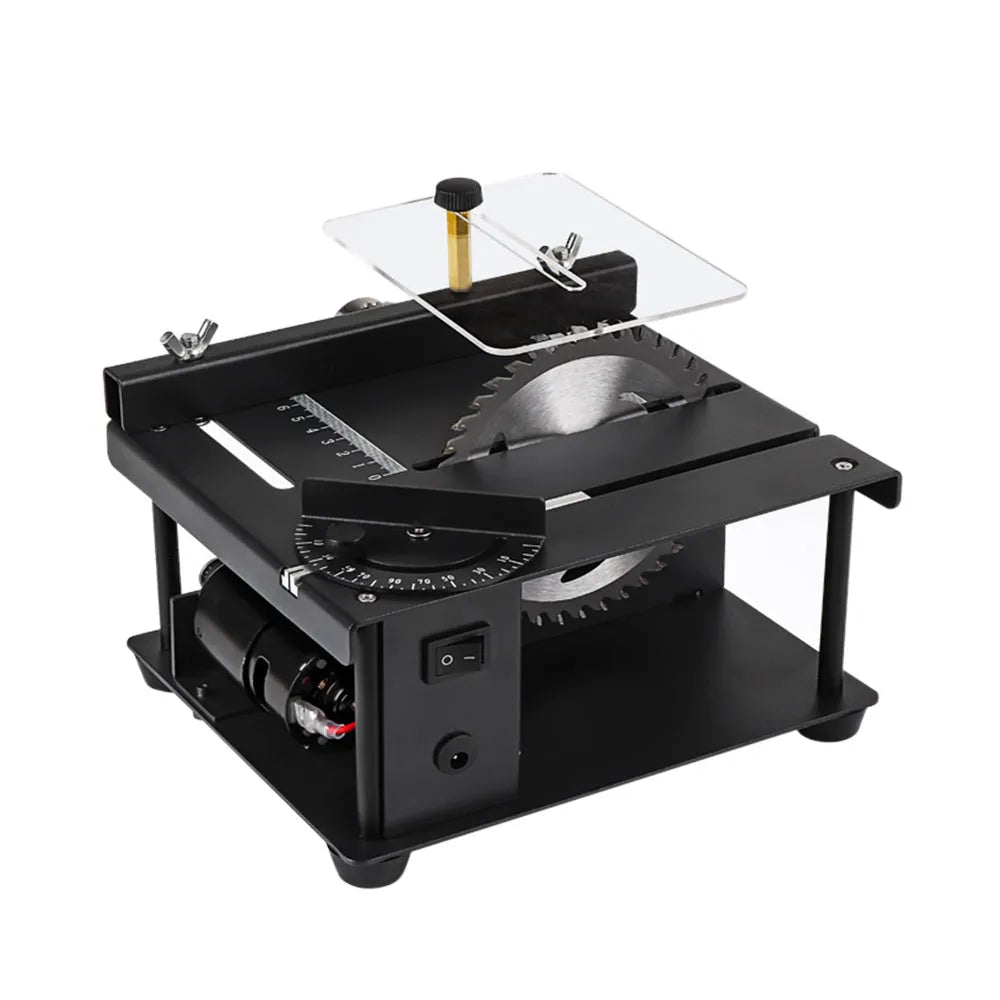 Black miniature precision table saw with 110mm blade showing 40mm cutting depth capacity