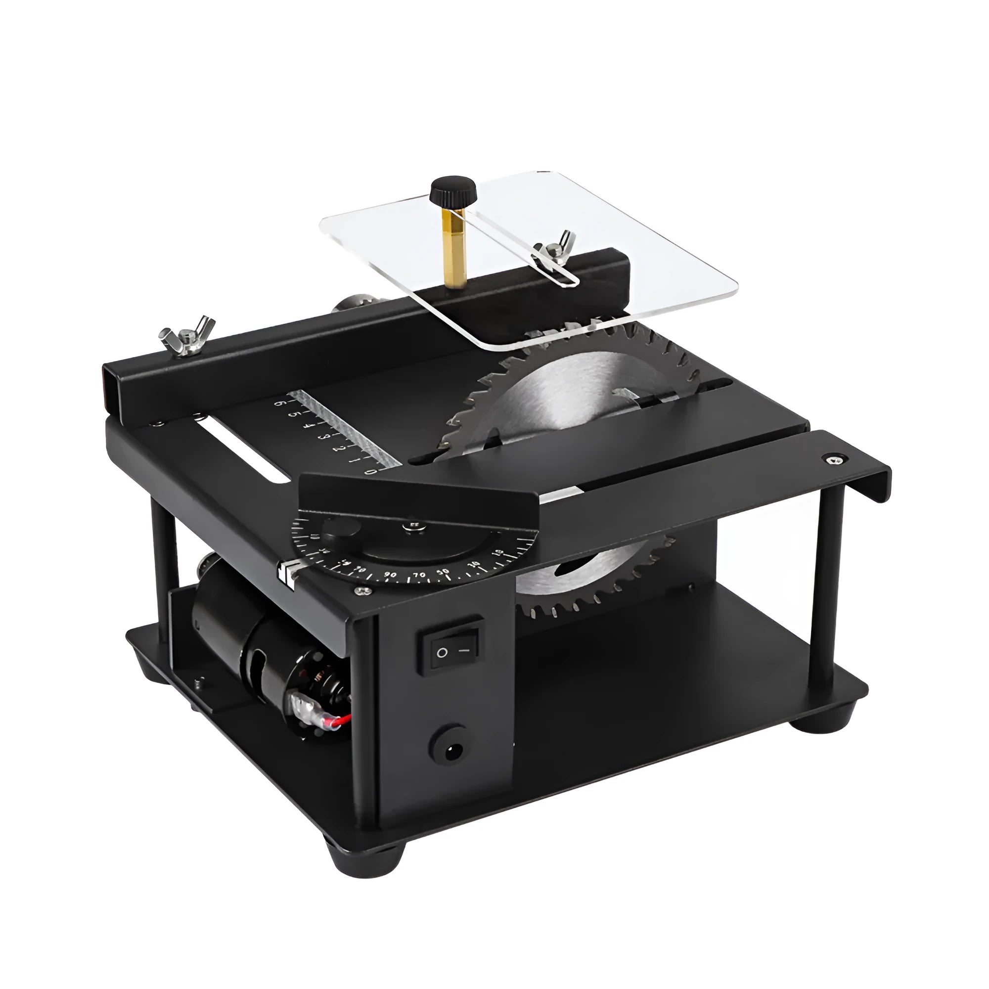 Black miniature precision table saw with 110mm blade showing 40mm cutting depth capacity