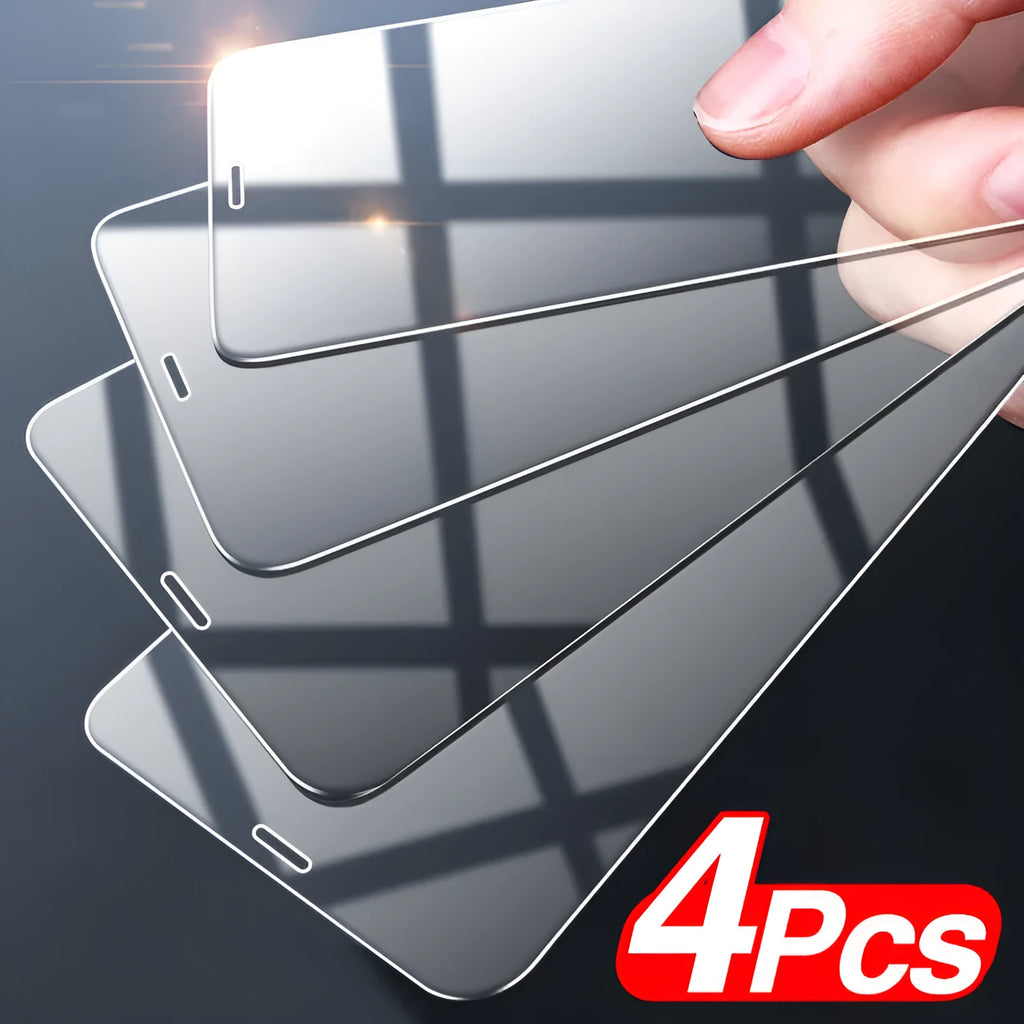 Four transparent tempered glass screen protectors for Apple iPhone models including iPhone 12 Pro Max