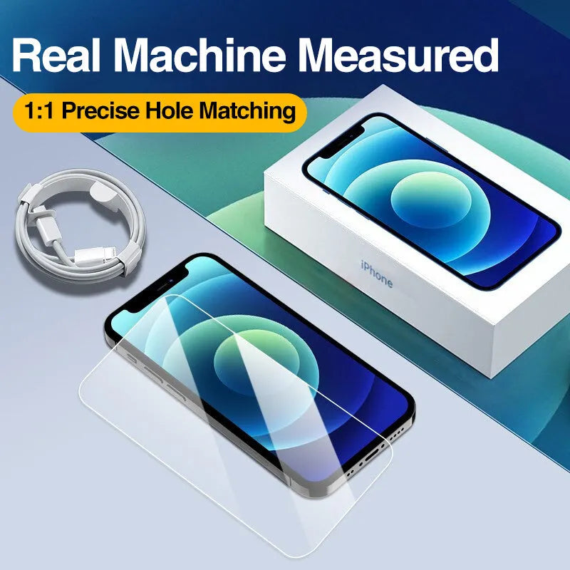 Four transparent tempered glass screen protectors for Apple iPhone models including iPhone 12 Pro Max