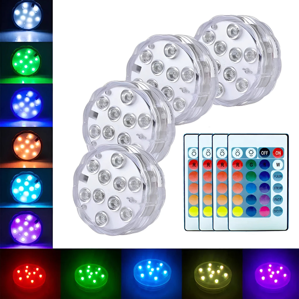 White waterproof remote control LED diving light with 10 RGB LEDs for pools and aquariums.