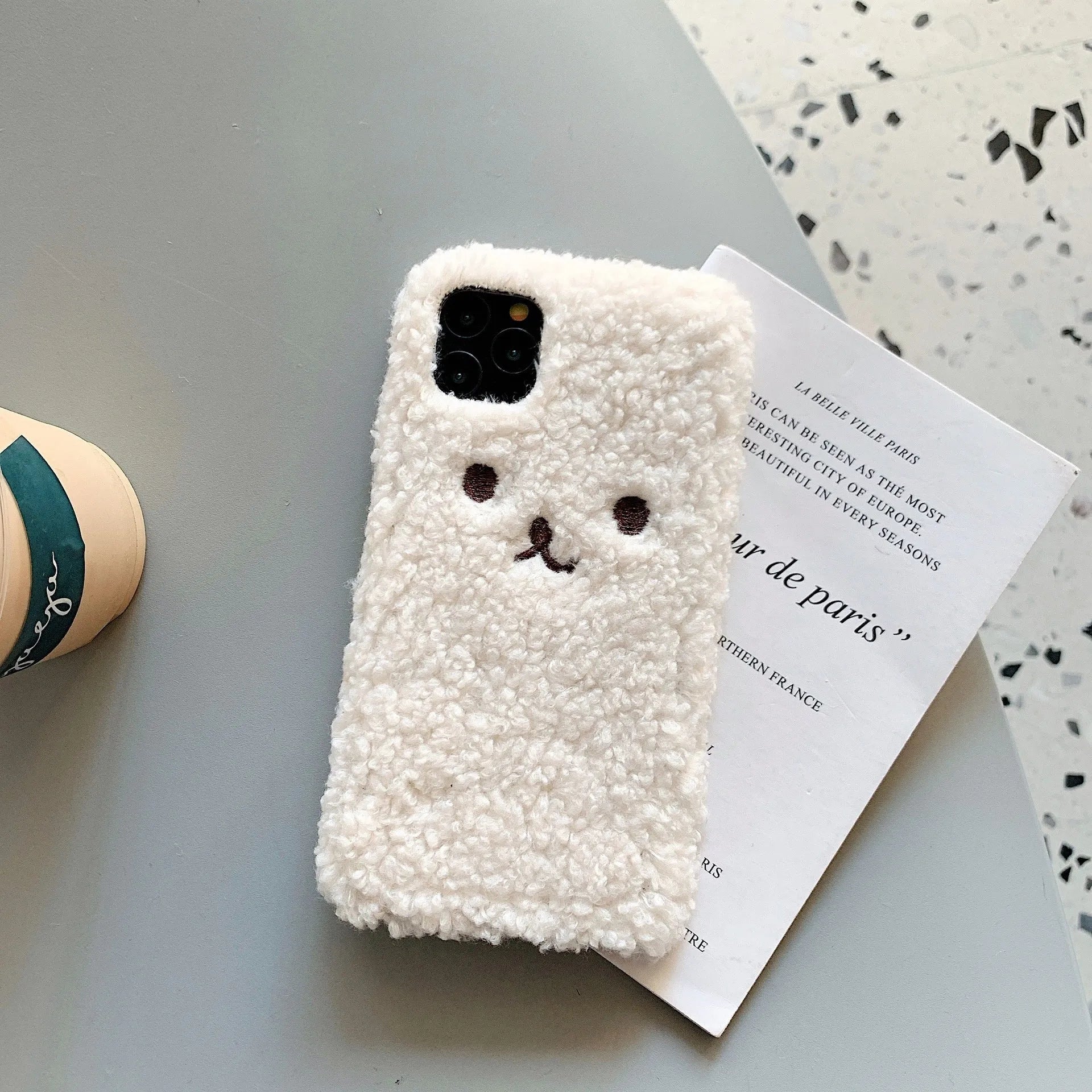 Embroidery plush cartoon bear phone case for iPhone with brown bear face design on TPU material