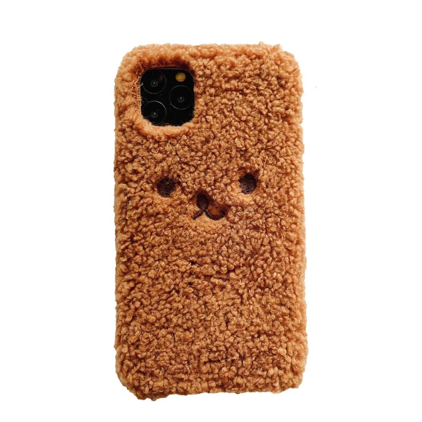 Embroidery plush cartoon bear phone case for iPhone with brown bear face design on TPU material