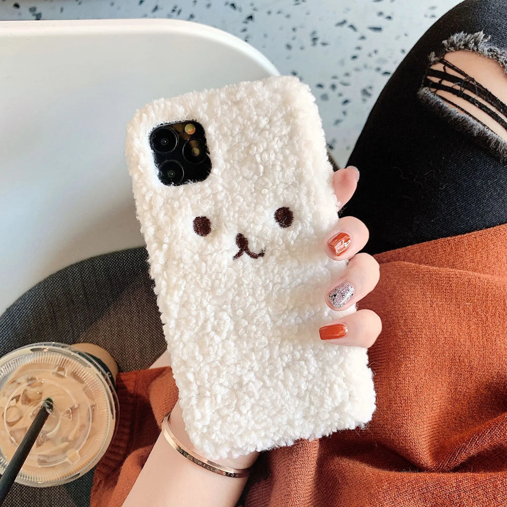 Embroidery plush cartoon bear phone case for iPhone with brown bear face design on TPU material