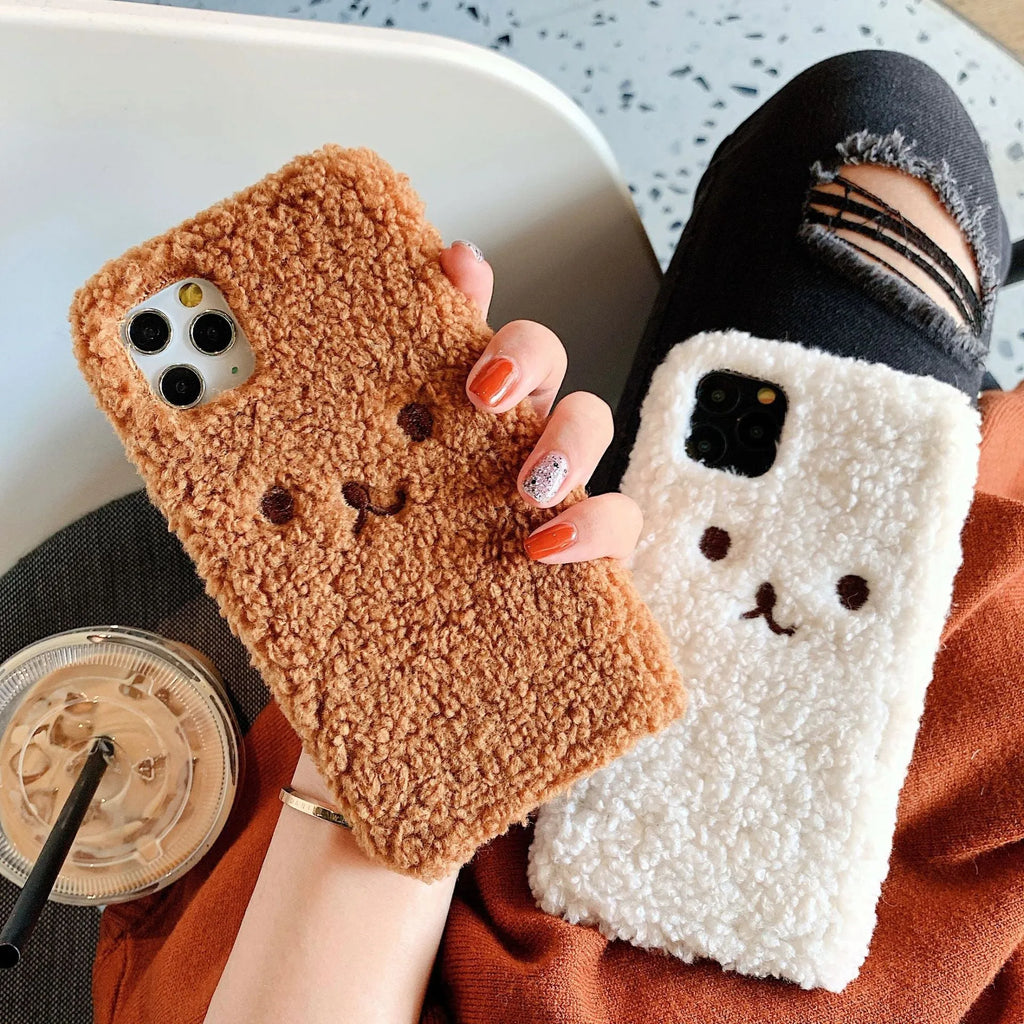 Embroidery plush cartoon bear phone case for iPhone with brown bear face design on TPU material