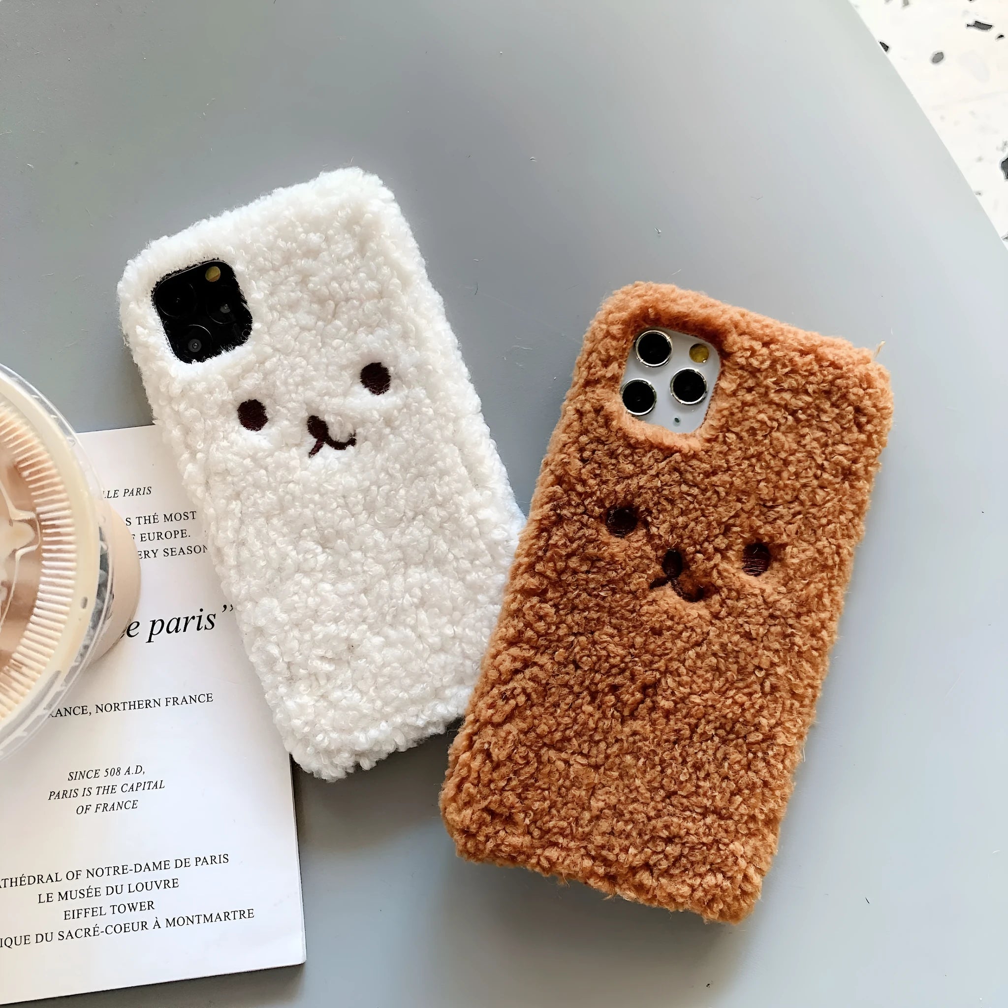 Embroidery plush cartoon bear phone case for iPhone with brown bear face design on TPU material